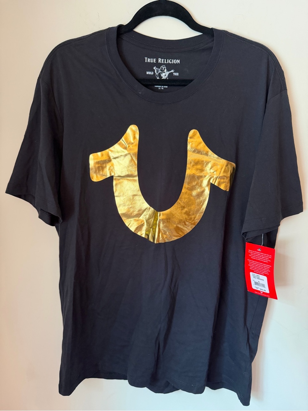 True Religion Mens XL Black T Shirt Gold Foil Horseshoe Logo Graphic NWT Tee
